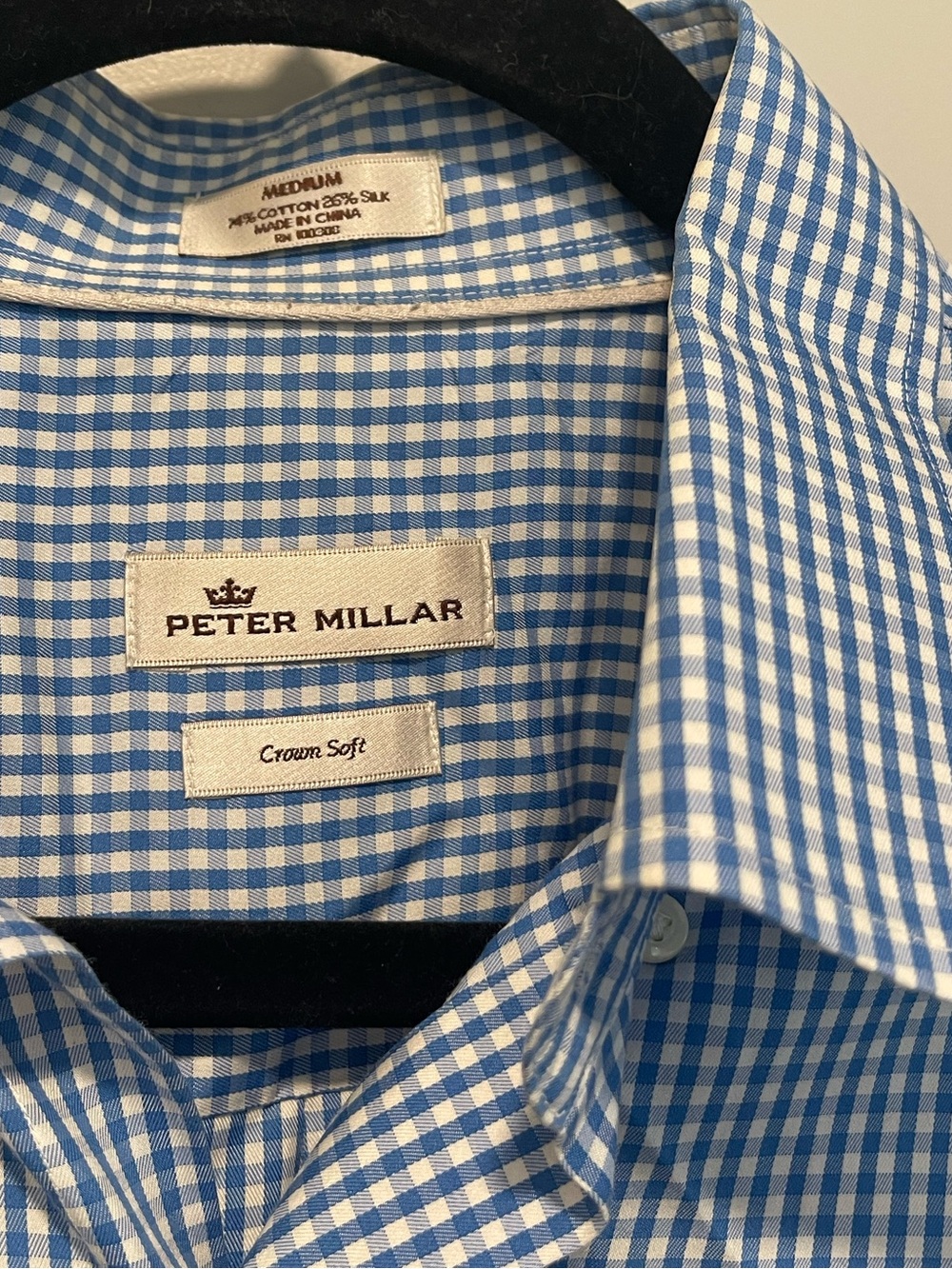 Peter Millar Blue & White Gingham Dress Shirt - Crown Soft - Cotton & Silk